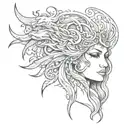 A tattoo design featuring a half Hel face and half goddess face, blending elements of Norse and Greek mythology tattoo design idea