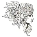 A tattoo design featuring a half Hel face and half goddess face, blending elements of Norse and Greek mythology tattoo design idea