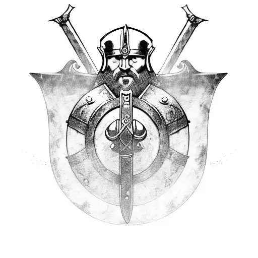 bloody fighting viking with axe and shield. a aries on the shield and a battlefield in the background tattoo design idea