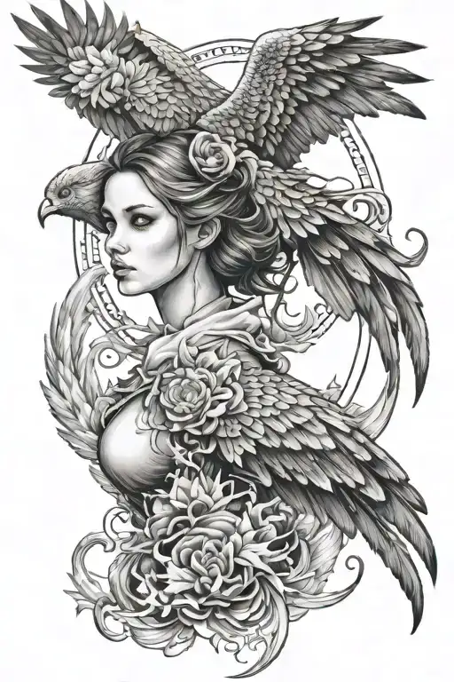  design of the girl next to the phoenix flying tattoo design idea
