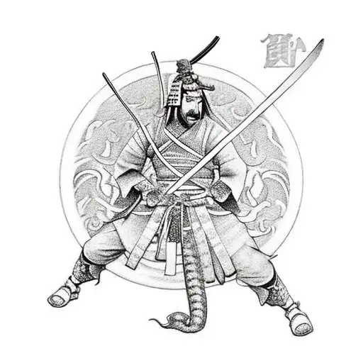 Samurai holding 2 daggers in hand with swords on back with dragon behind it tattoo design idea