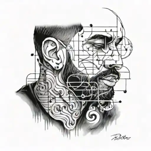 A realistic portrait of Drake with musical notes swirling around him tattoo design idea