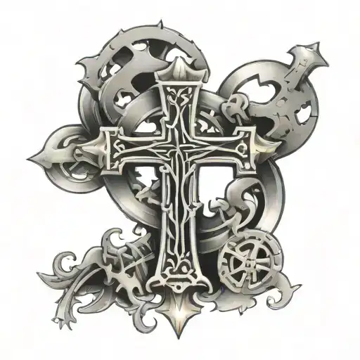 A tattoo of a cross with mechanical elements and the words 'faith' and 'work' intertwined tattoo design idea
