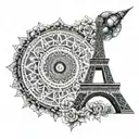 A dotwork mandala design incorporating the Eiffel Tower as a centerpiece, representing love for travel and culture tattoo design idea