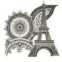 A dotwork mandala design incorporating the Eiffel Tower as a centerpiece, representing love for travel and culture tattoo design idea