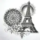 A dotwork mandala design incorporating the Eiffel Tower as a centerpiece, representing love for travel and culture tattoo design idea