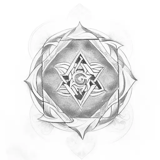 A tattoo design featuring a unique interpretation of the four elements from Avatar (earth, fire, water, air) intertwined with intricate geometric patterns tattoo design idea