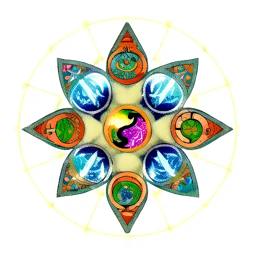 A tattoo design featuring a unique interpretation of the four elements from Avatar (earth, fire, water, air) intertwined with intricate geometric patterns tattoo design idea