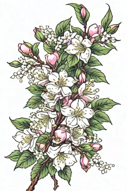 arabian jasmine vine with white flowers around a cherry blossom branch with pink flowers with green leaves. tattoo design idea