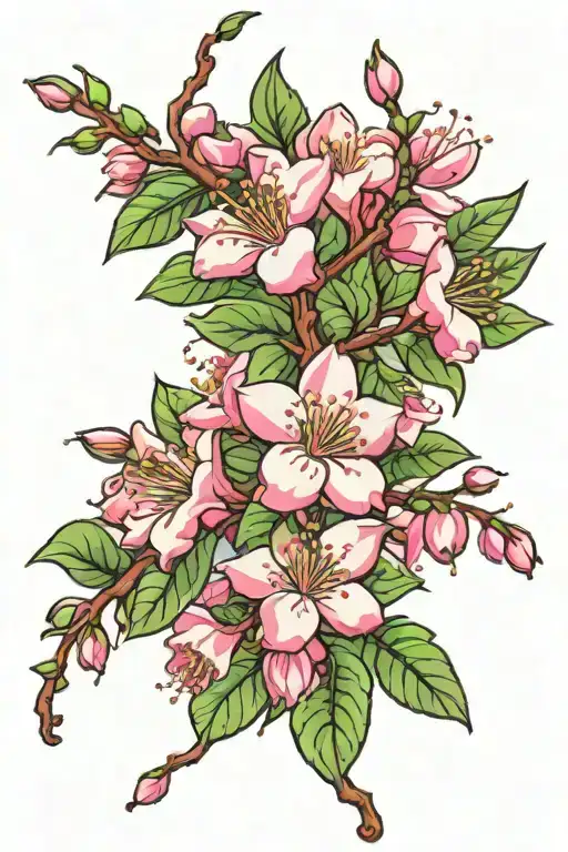 jasmine vine with white flowers around a cherry blossom branch with pink flowers with green leaves. tattoo design idea