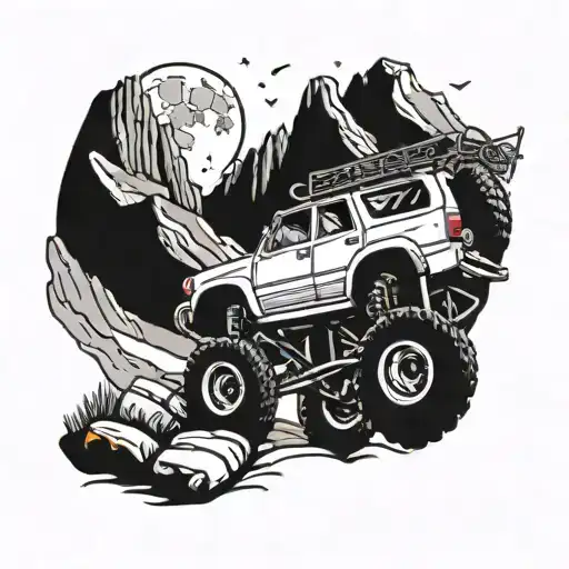 lifted 1995 4runner rock crawler, crescent moon in background, mountains  tattoo design idea