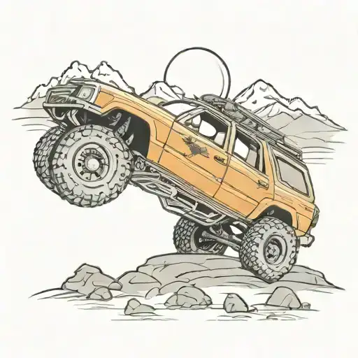 lifted 1995 4runner rock crawler, crescent moon in background, mountains  tattoo design idea