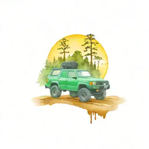 girly, lifted 1995 dark green 4runner rock crawler, half moon in the background, colorful, bright,  tattoo design idea