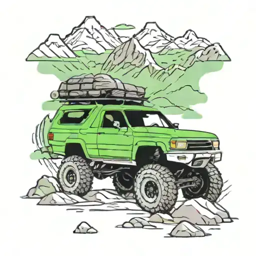 lifted 1995 green 4runner rock crawler, half moon in the background, mountains, femine, colorful, bright,  tattoo design idea