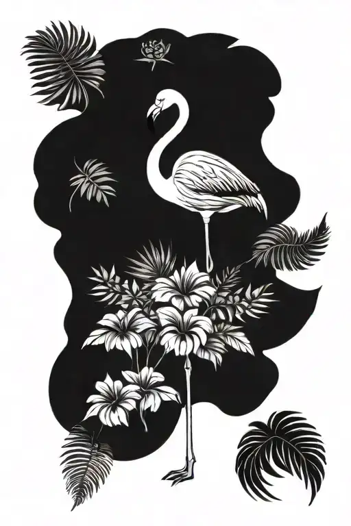 flamingo standing with tropical flowers  tattoo design idea