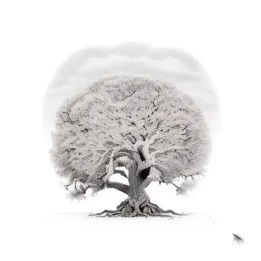 Oak tree, roots, family of 3 birds tattoo design idea