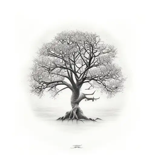 Oak tree, lily pad, roots tattoo design idea