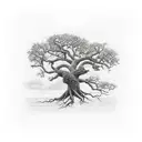 Oak tree with roots and 3 birds on a branch tattoo design idea