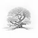 Oak tree with roots and 3 birds on a branch tattoo design idea