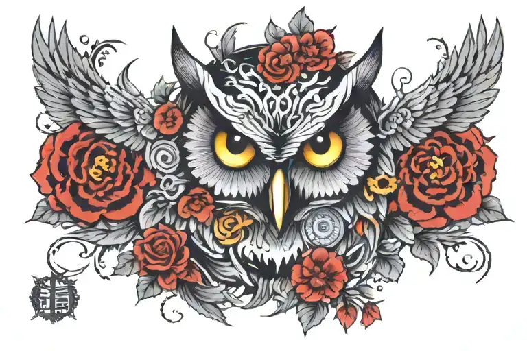 owl clock eyes surrounded tattoo design idea