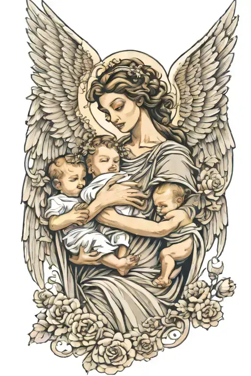 mother holding a baby and angels carring it in fresco style tattoo design idea