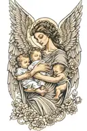 mother holding a baby and angels carring it in fresco style tattoo design idea