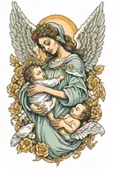 mother holding a baby and angels carring it in fresco style tattoo design idea