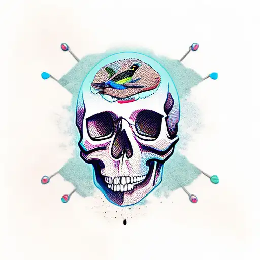 skull with bird  tattoo design idea