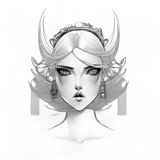 A tall, beautiful woman with blonde hair and green eyes, with a small nose and plump red-coloured lips and black curled  tattoo design idea