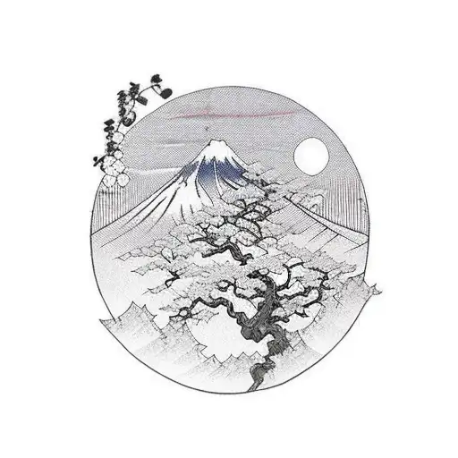 Samurai pink cherry tree mount fuji tattoo design idea