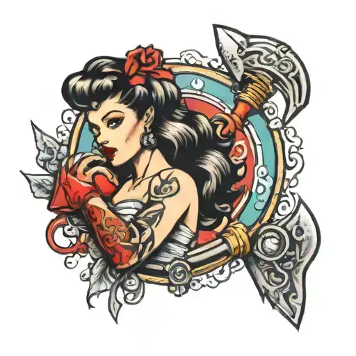 pinup warrior protecting heart  tattoo design idea
