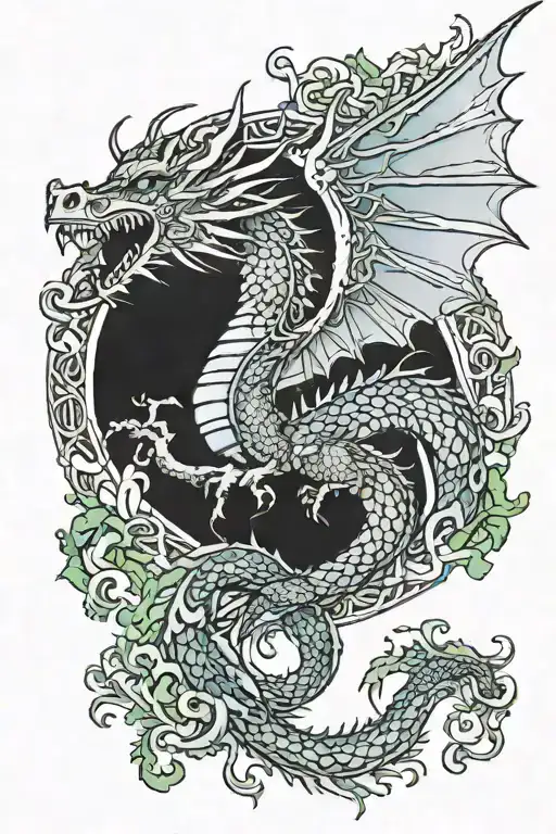 A black dragon with wings, looking fierce but not aggressive, flanked by green and blue ornaments tattoo design idea