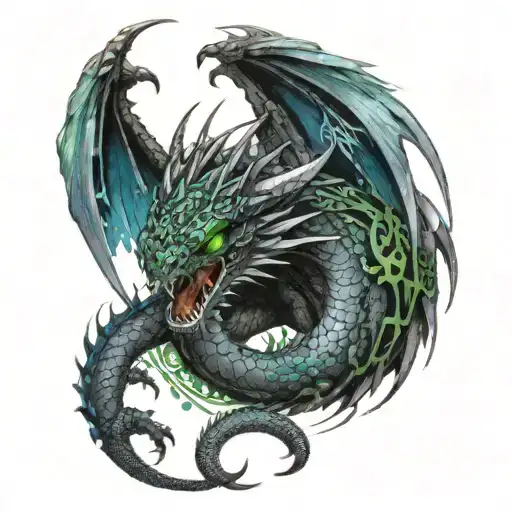 A black dragon with wings, looking fierce but not aggressive, flanked by green and blue ornaments tattoo design idea