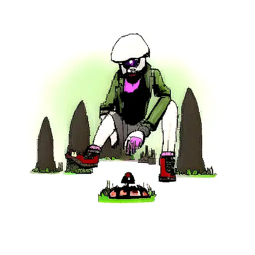 cyberpunk edgerunner kneeling in front of dead mushroom person from annhilation movie tattoo design idea