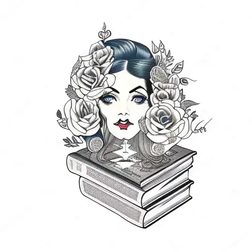side profile traditional lady head with long hair tattoo holding books surrounded by bold floral frame tattoo design idea