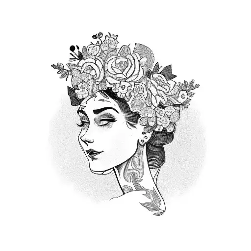 side profile vintage lady head tattoo holding a book open in front of her with a floral crown surrounded by bold flowers tattoo design idea