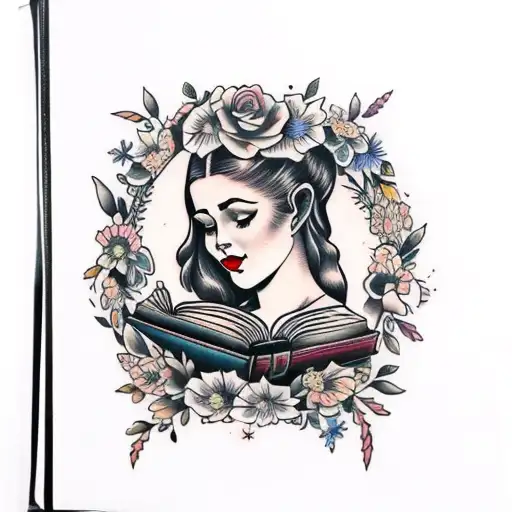 American traditional floral lady head profile holding a book open in front of her with a floral frame book in hands tattoo design idea