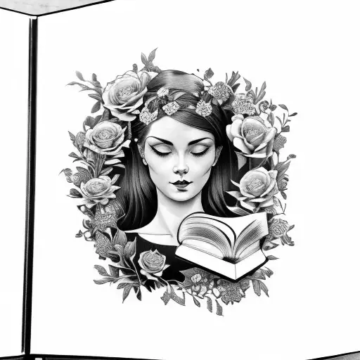 American traditional floral lady side face profile holding a book open in front of her with a floral frame book in hands tattoo design idea