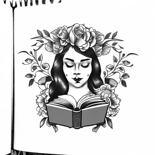 American traditional floral lady head profile holding a book open in front of her with a floral frame book in hands tattoo design idea