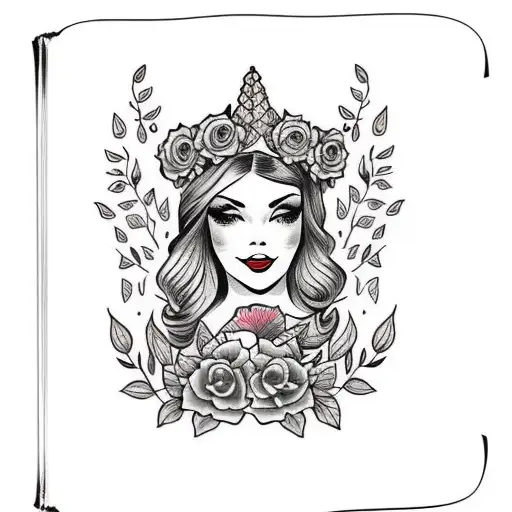 American traditional lady head tattoo holding a book open in front of her with a floral crown holding book in hands tattoo design idea