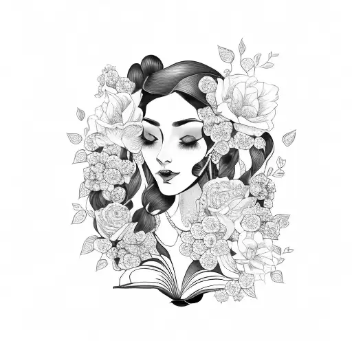 side profile traditional lady head with long hair tattoo holding open book surrounded by bold floral frame tattoo design idea