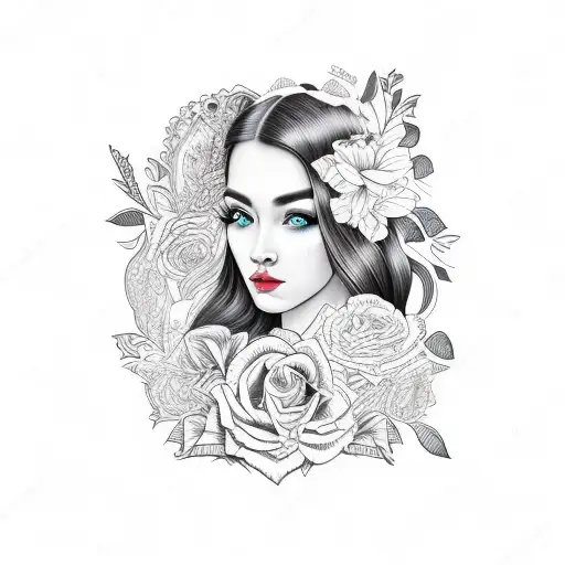 side profile traditional lady head with long hair tattoo holding open book surrounded by bold floral frame tattoo design idea