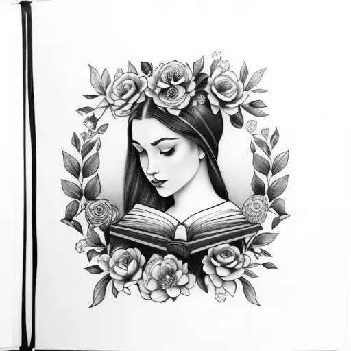 American traditional floral lady head profile holding a book open in front of her with a floral frame book in hands tattoo design idea