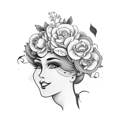 vintage lady head profile with opened books surrounded by florals tattoo design idea