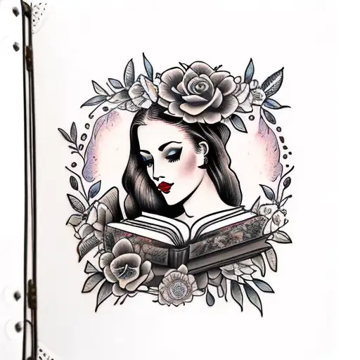 American traditional floral lady head profile holding a book open in front of her with a floral frame book in hands tattoo design idea