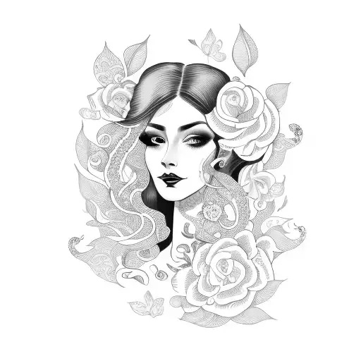 side profile traditional lady head with long hair tattoo holding open book surrounded by bold floral frame tattoo design idea