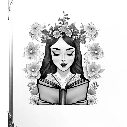 American traditional floral lady head profile holding a book open in front of her with a floral frame book in hands tattoo design idea