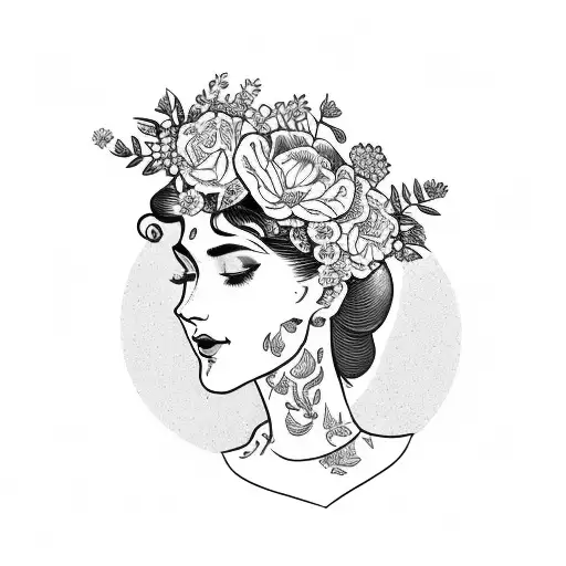 side profile vintage lady head tattoo holding a book open in front of her with a floral crown surrounded by bold flowers tattoo design idea