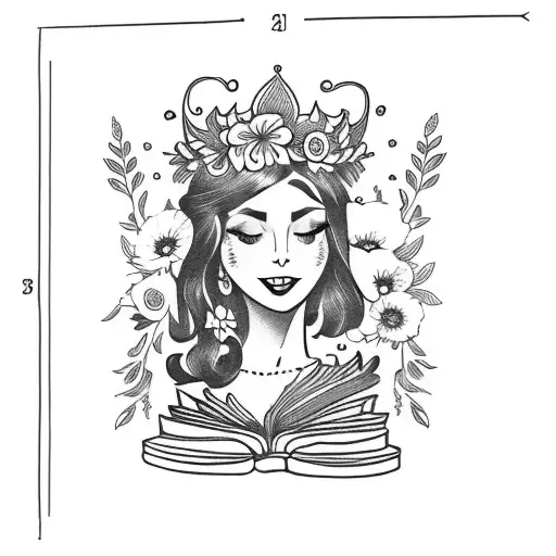 American traditional lady head tattoo holding a book open in front of her with a floral crown surrounded by bold flowers tattoo design idea