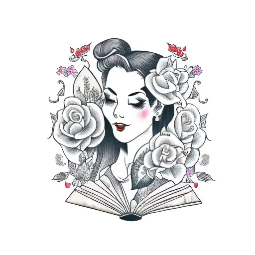 side profile traditional lady head with long hair tattoo holding open book surrounded by bold floral frame tattoo design idea